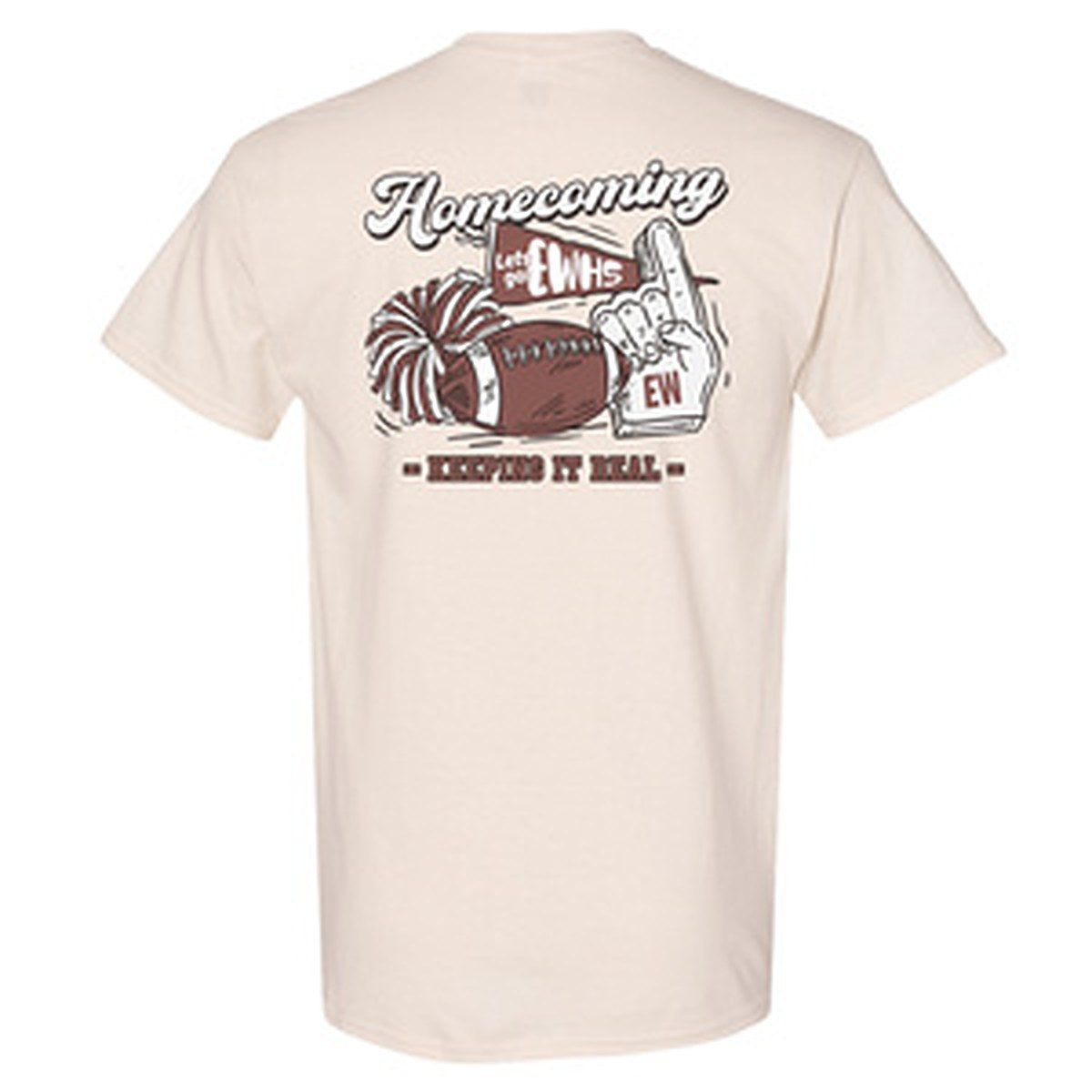 EW Homecoming tee, back: Homecoming art with football, pom-pom, EWHS pennant and foam finger