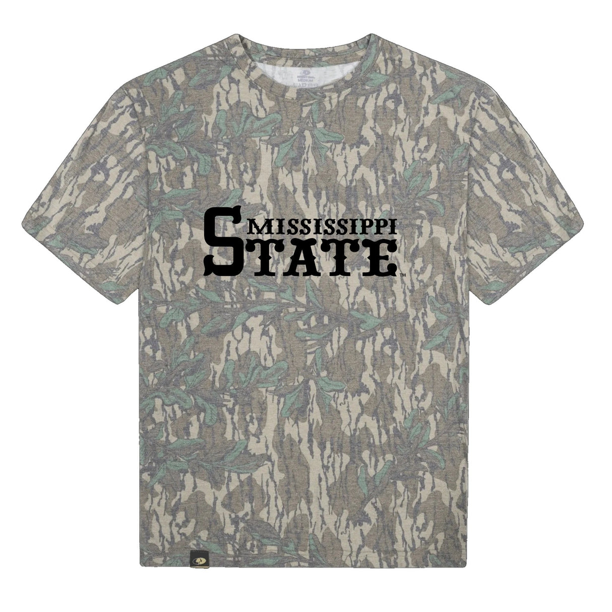 Mississippi State Mossy Oak Tee, black print on Mossy Oak Greenleaf