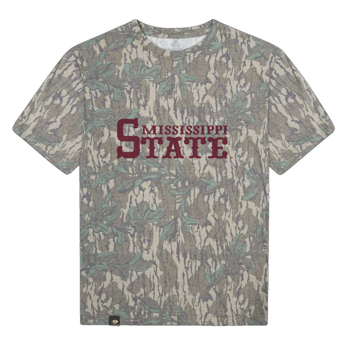 Mississippi State Mossy Oak Tee, maroon print on Mossy Oak Greenleaf
