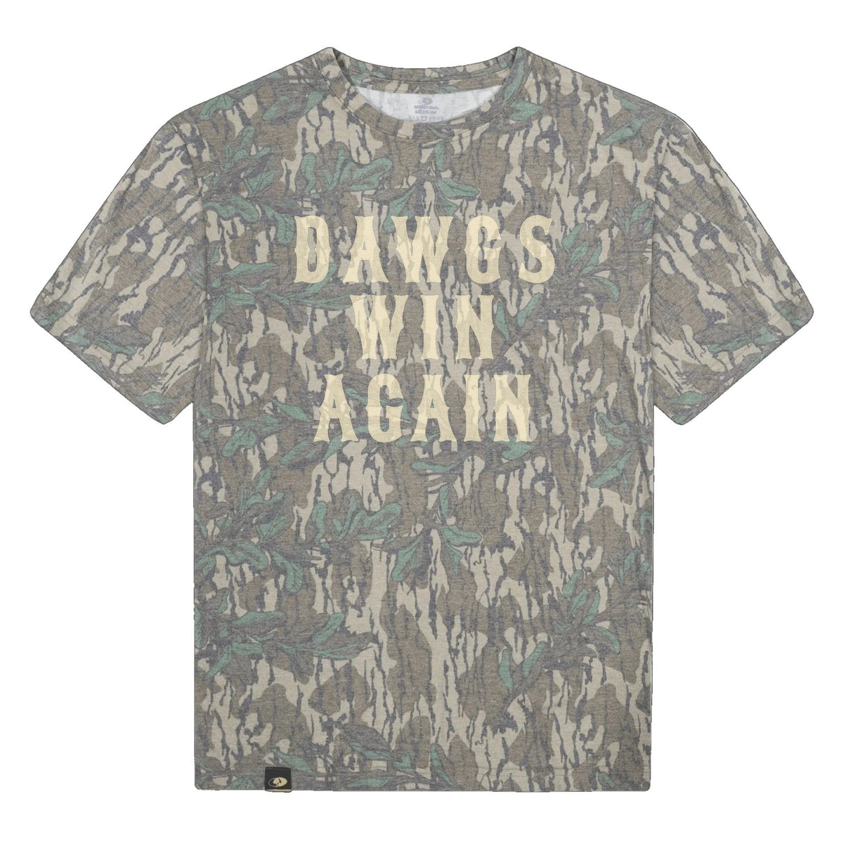 Dawgs Win Again Mossy Oak Tee, cream print on Mossy Oak Greenleaf
