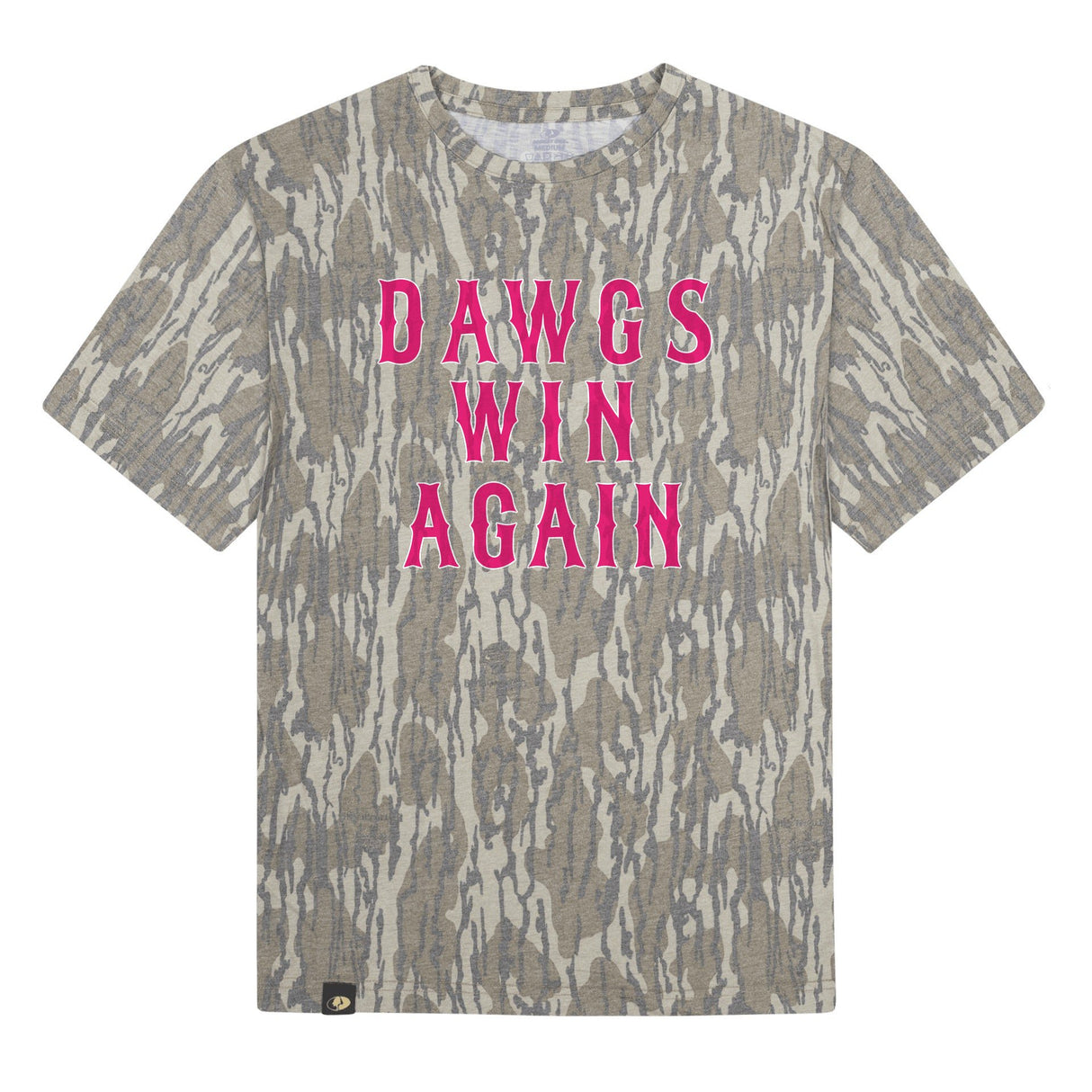 Dawgs Win Again Mossy Oak Youth Tee, pink print on Mossy Oak Bottomland