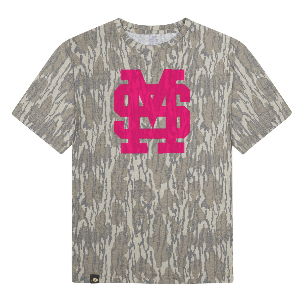 Mississippi State MS Logo Mossy Oak Tee, pink print on Mossy Oak Bottomland