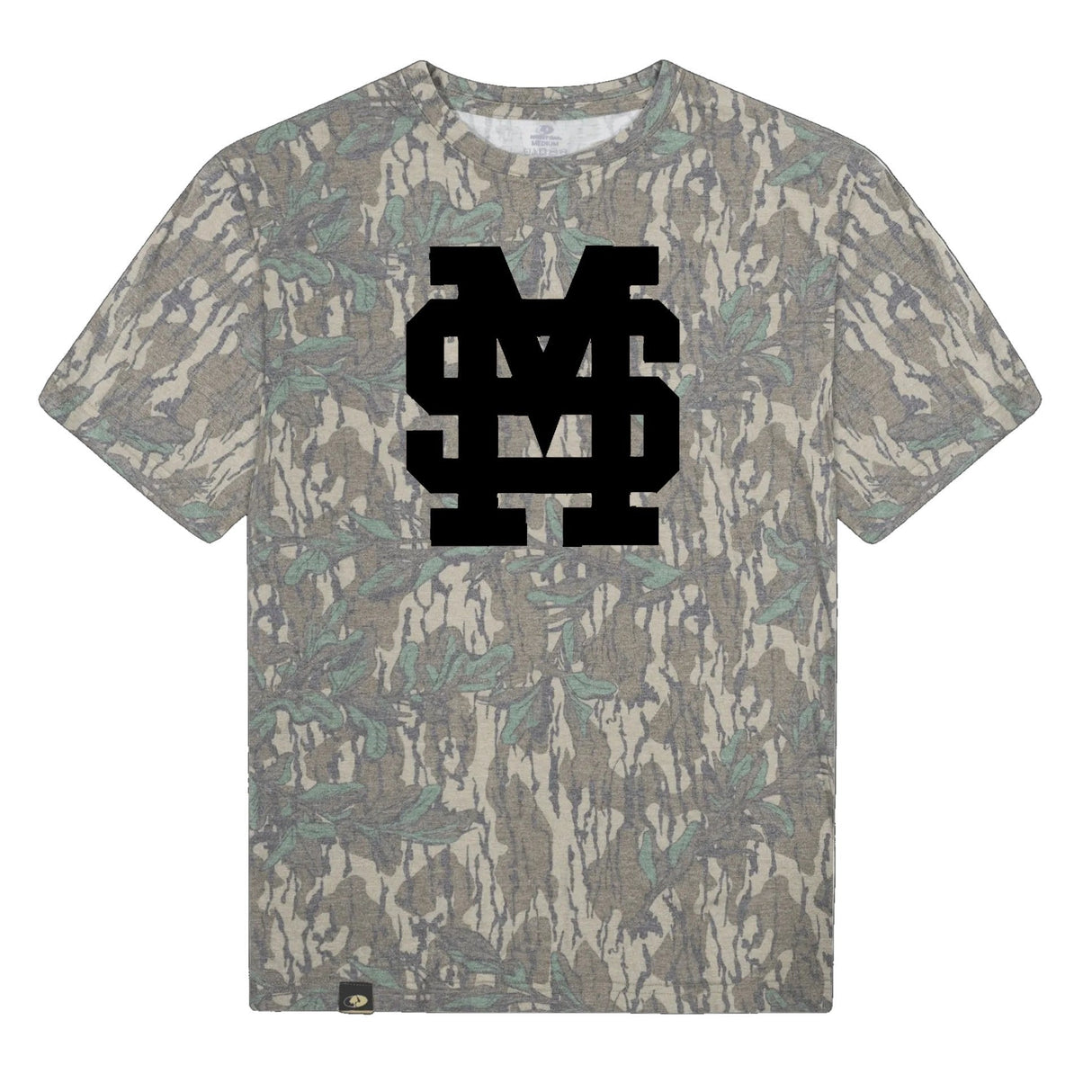 Mississippi State MS Logo Mossy Oak Tee, black print on Mossy Oak Greenleaf