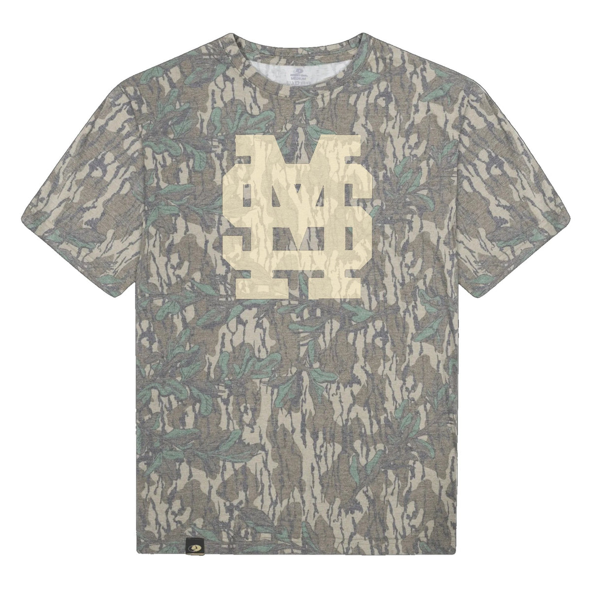 Mississippi State MS Logo Mossy Oak Tee, cream print on Mossy Oak Greenleaf