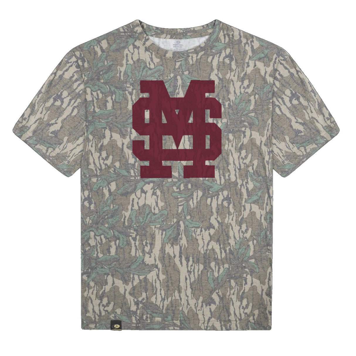 Mississippi State MS Logo Mossy Oak Tee, maroon print on Mossy Oak Greenleaf