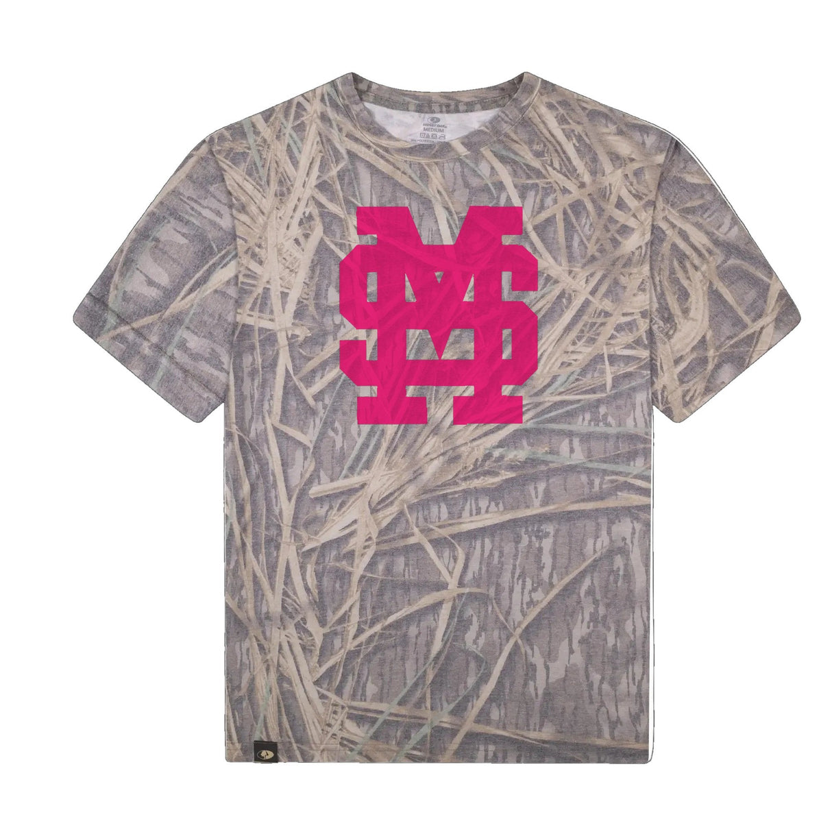 Mississippi State MS Logo Mossy Oak Tee, pink print on Mossy Oak Shadow Grass