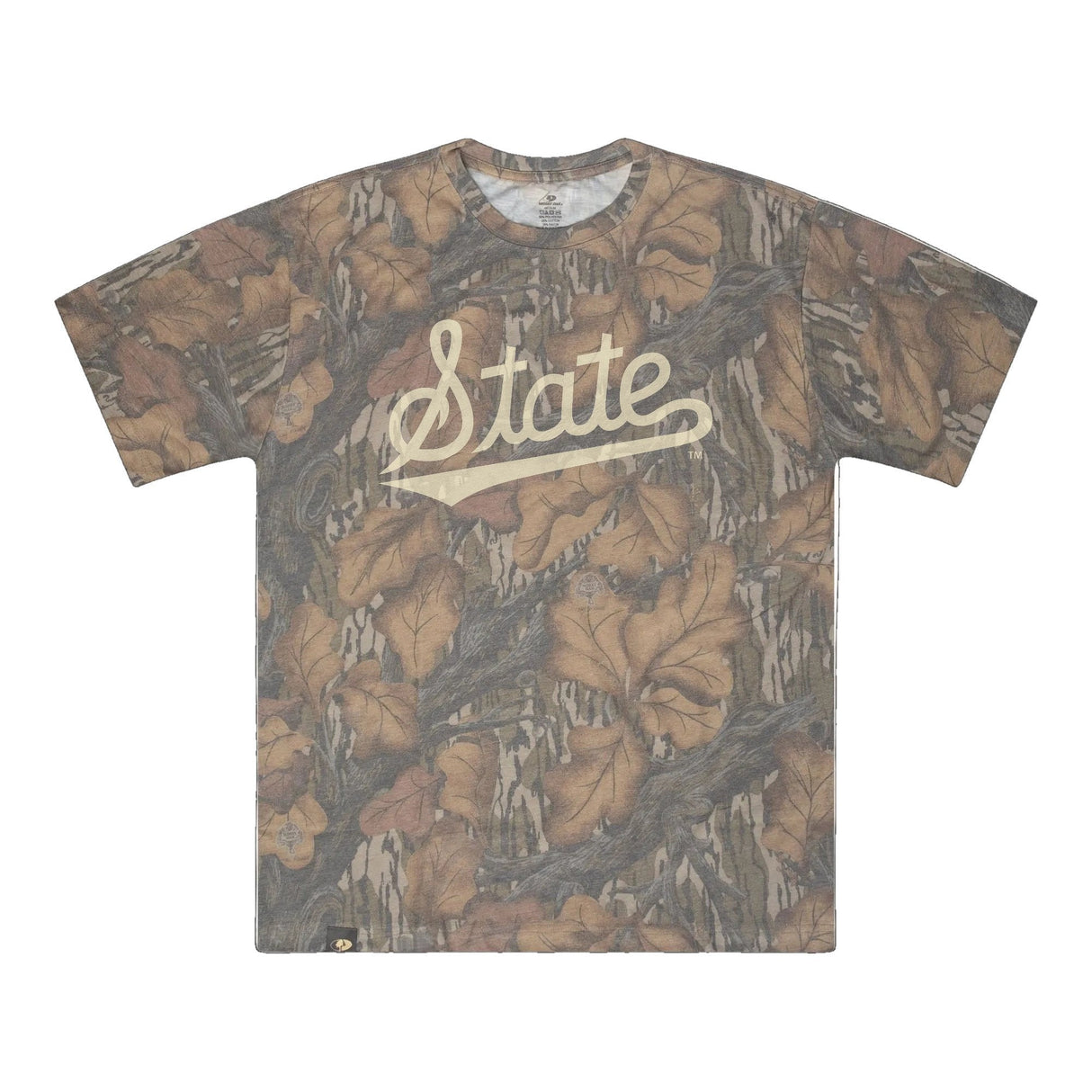 Mississippi State Script Mossy Oak Tee, cream print on Mossy Oak Fall Foliage