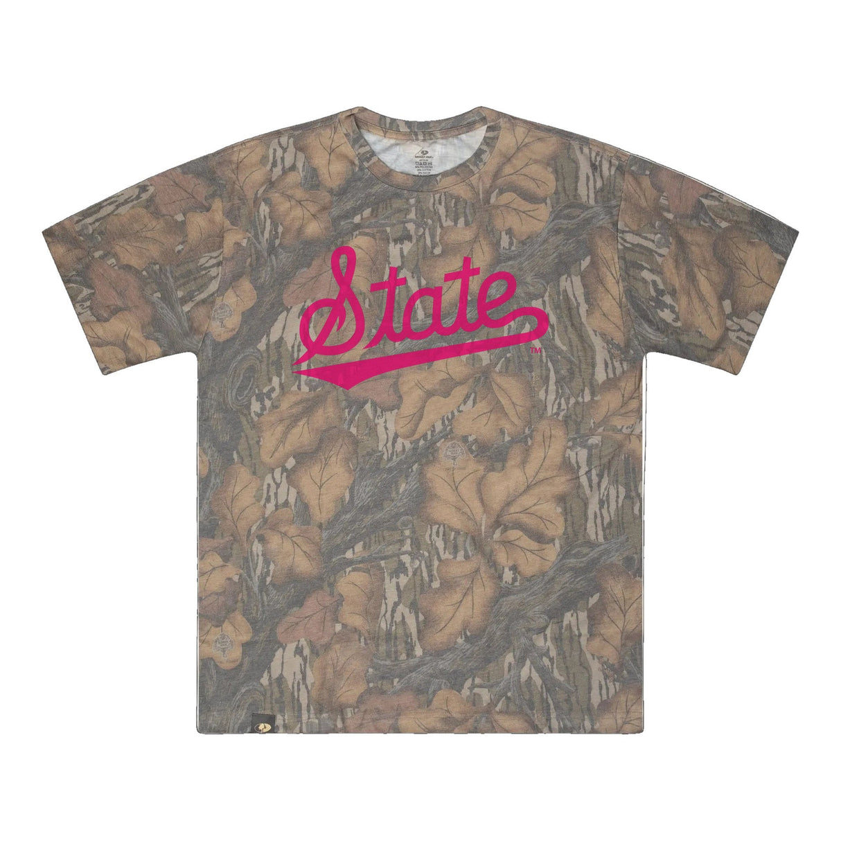 Mississippi State Script Mossy Oak Tee, pink print on Mossy Oak Fall Foliage