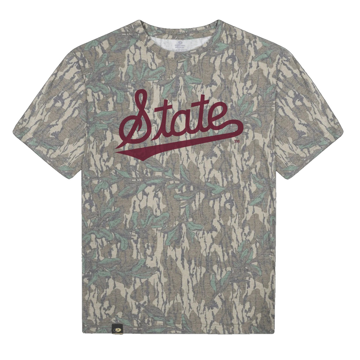 Mississippi State Script Mossy Oak Tee, maroon print on Mossy Oak Greenleaf