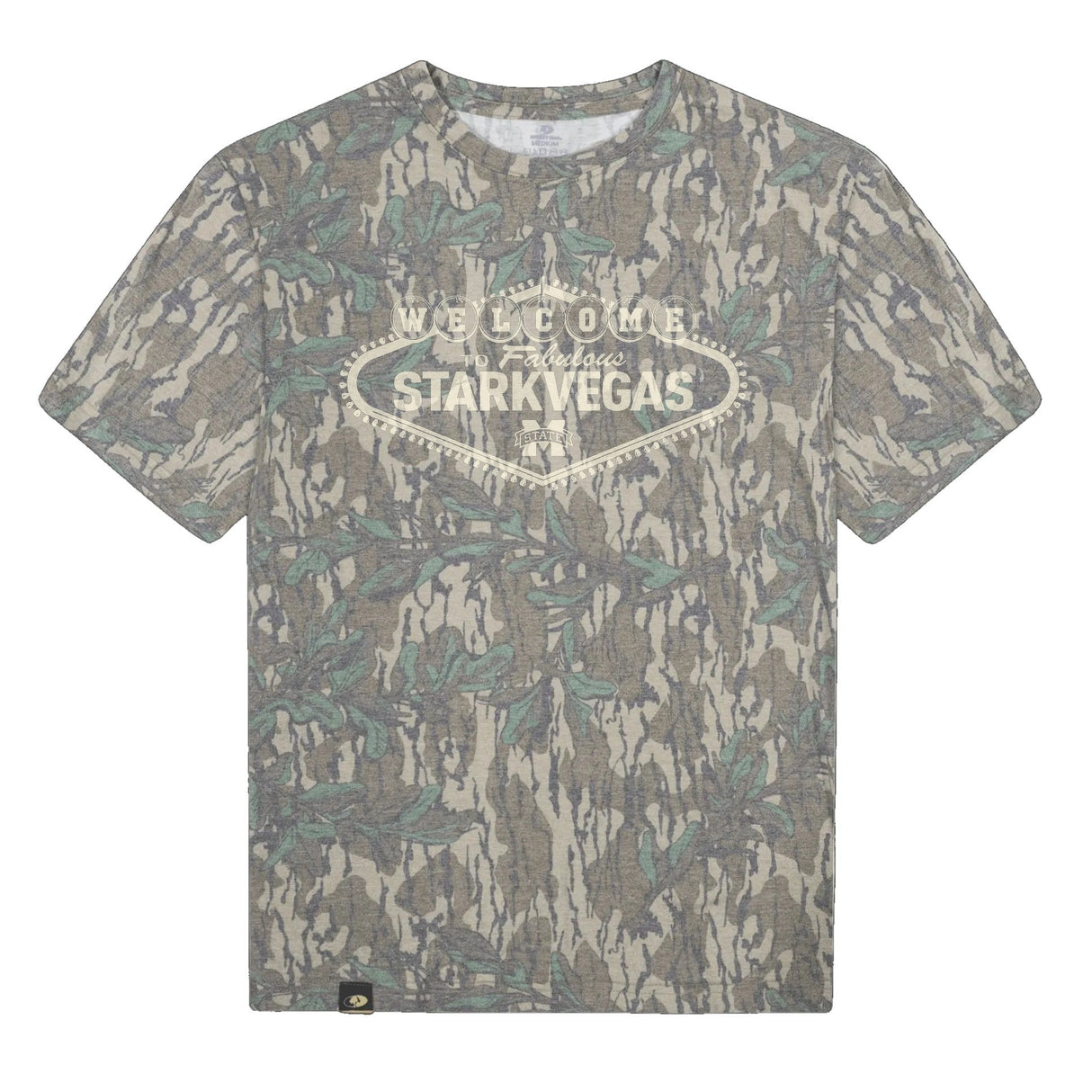 Welcome to StarkVegas Mossy Oak Tee, cream print on Mossy Oak Greenleaf
