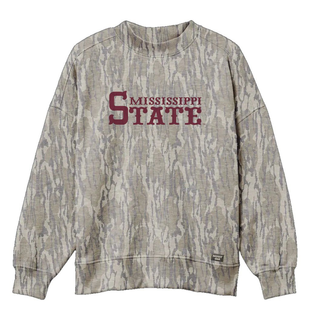 Mississippi State Mossy Oak Mockneck Sweatshirt (Bottomland), maroon print on Mossy Oak Bottomland