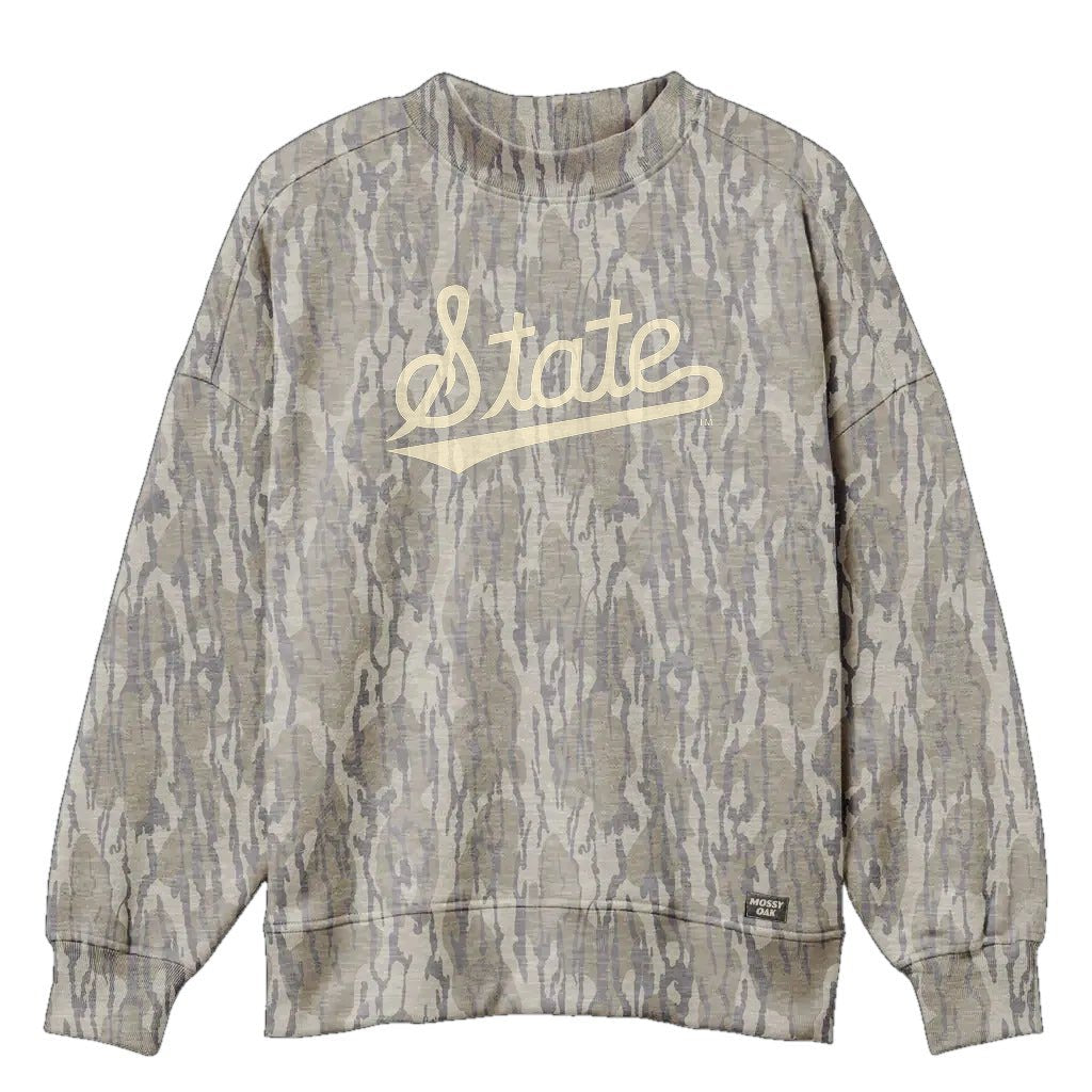 Mississippi State Script Mossy Oak Mockneck Sweatshirt (Bottomland), cream print on Mossy Oak Bottomland