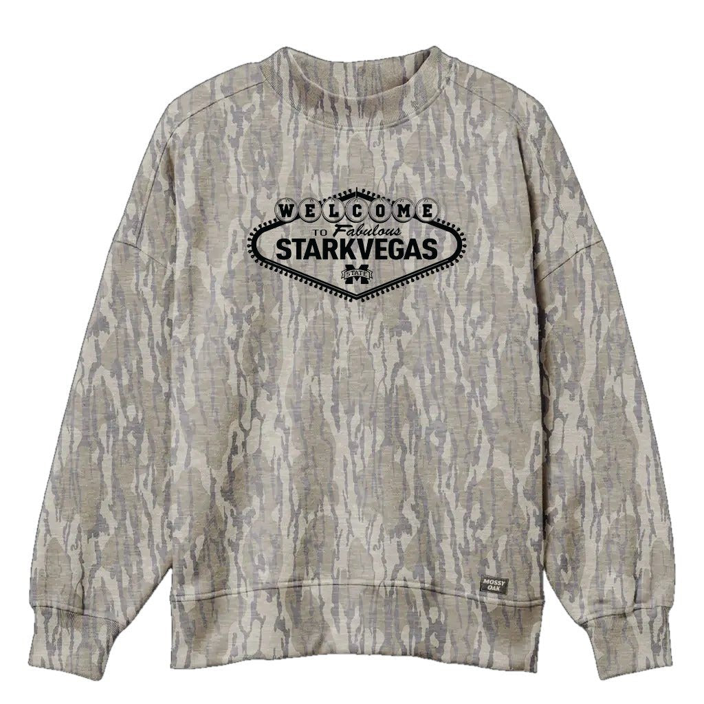 Welcome to StarkVegas Mossy Oak Mockneck Sweatshirt (Bottomland), black print on Mossy Oak Bottomland
