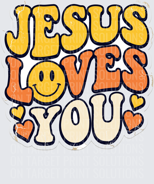 Jesus Loves You Retro Groovy Smiley Face Hearts Distressed