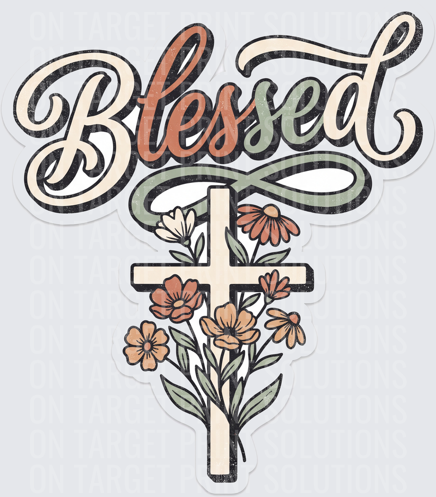 Blessed Script Cross with Wildflowers Retro Boho