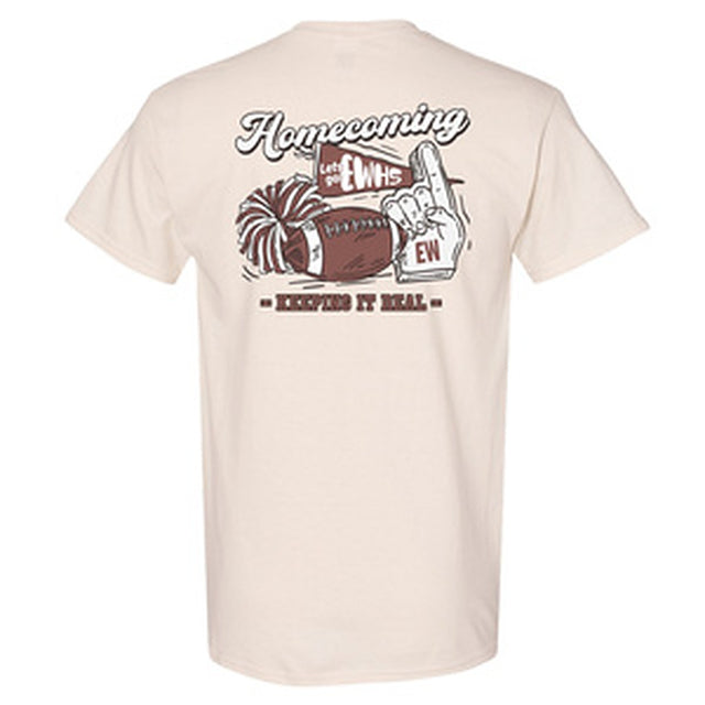 EW Homecoming tee, back: Homecoming art with football, pom-pom, EWHS pennant and foam finger