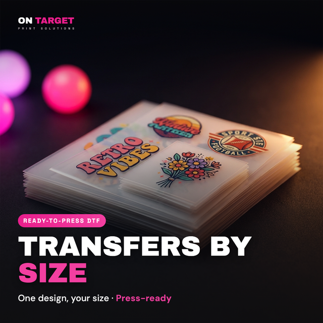 Transfers by Size — one design, pick your size, press-ready DTF transfer