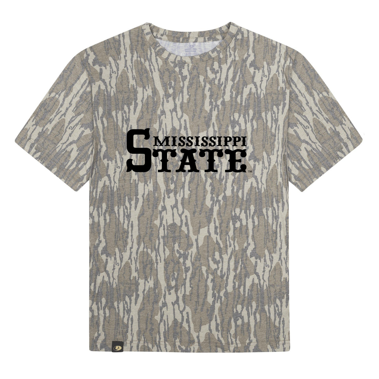 Mississippi State Mossy Oak Tee, black print on Mossy Oak Bottomland