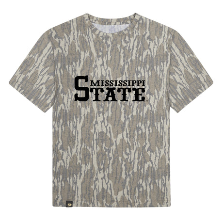 Mississippi State Mossy Oak Tee, black print on Mossy Oak Bottomland
