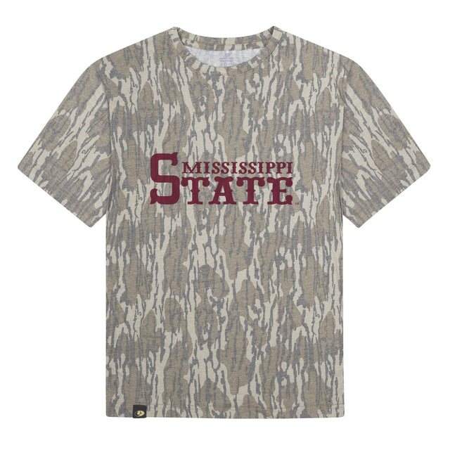 Mississippi State Mossy Oak Tee, maroon print on Mossy Oak Bottomland