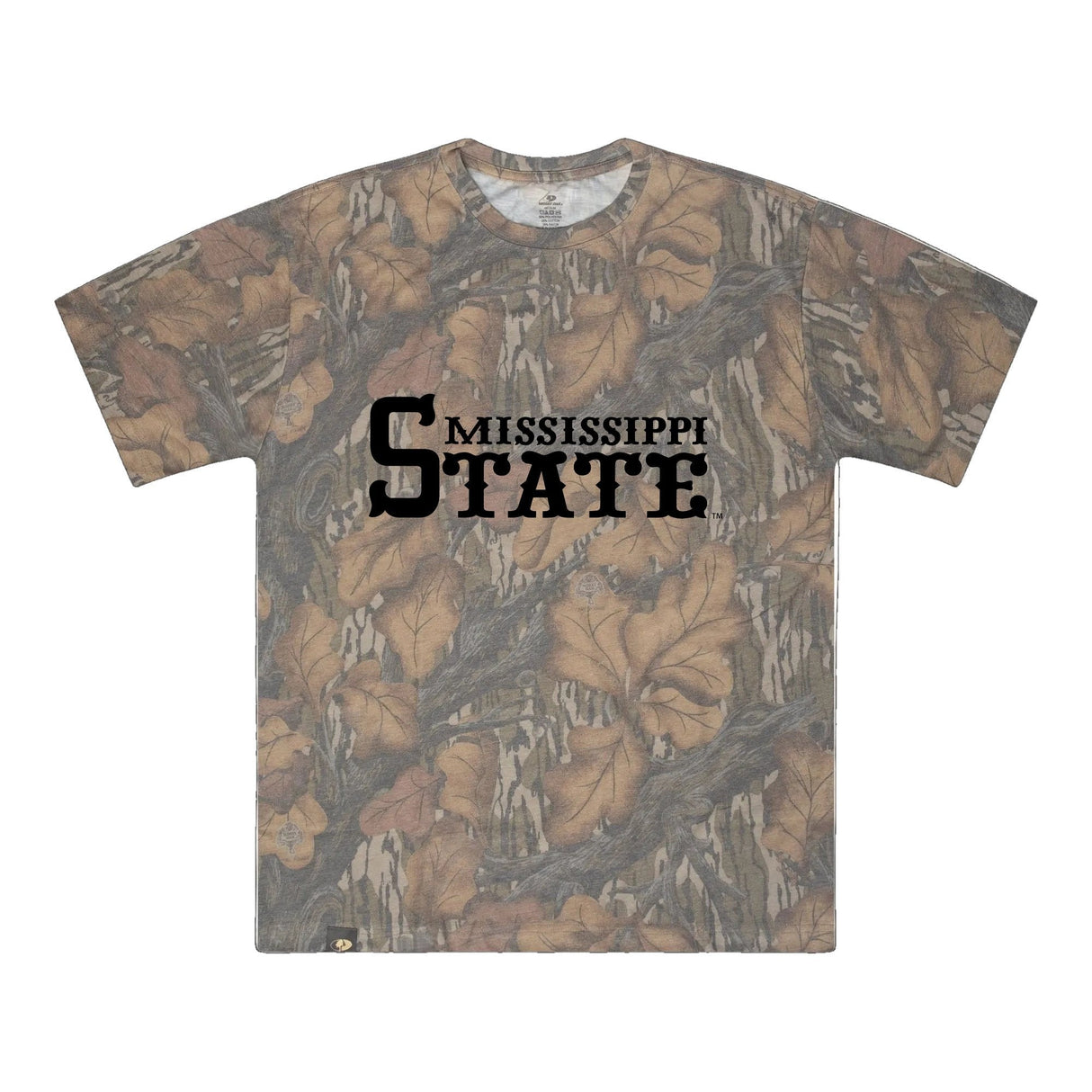 Mississippi State Mossy Oak Tee, black print on Mossy Oak Fall Foliage