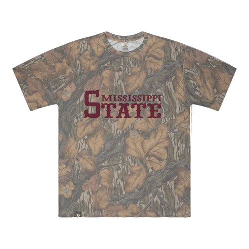 Mississippi State Mossy Oak Tee, maroon print on Mossy Oak Fall Foliage