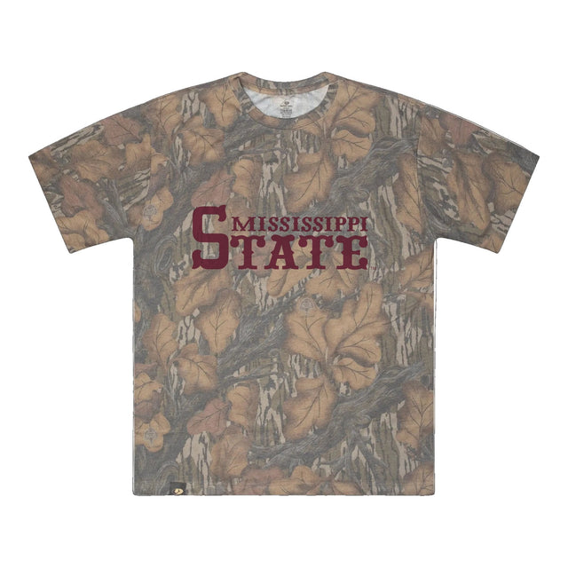 Mississippi State Mossy Oak Tee, maroon print on Mossy Oak Fall Foliage