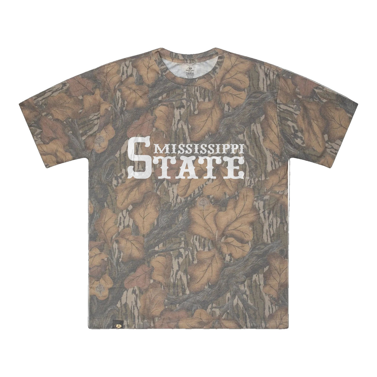 Mississippi State Mossy Oak Tee, white print on Mossy Oak Fall Foliage