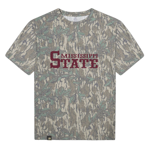 Mississippi State Mossy Oak Tee, maroon print on Mossy Oak Greenleaf