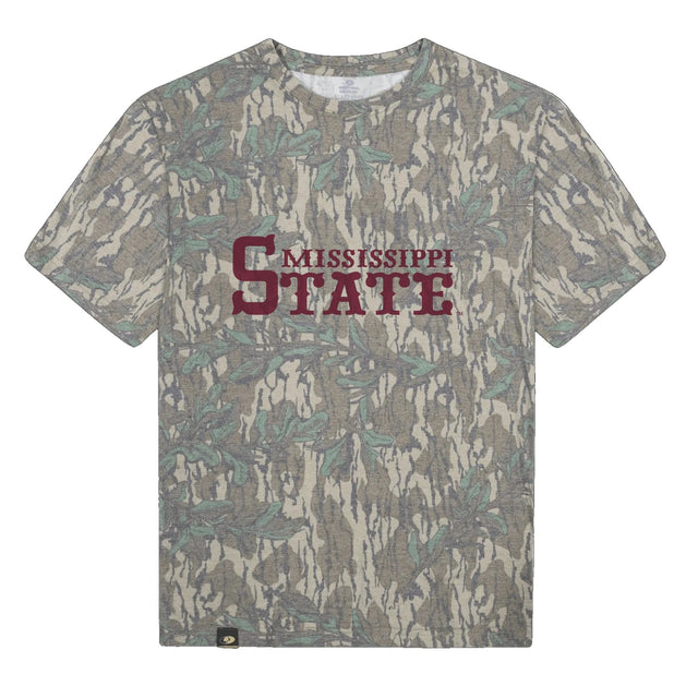 Mississippi State Mossy Oak Tee, maroon print on Mossy Oak Greenleaf