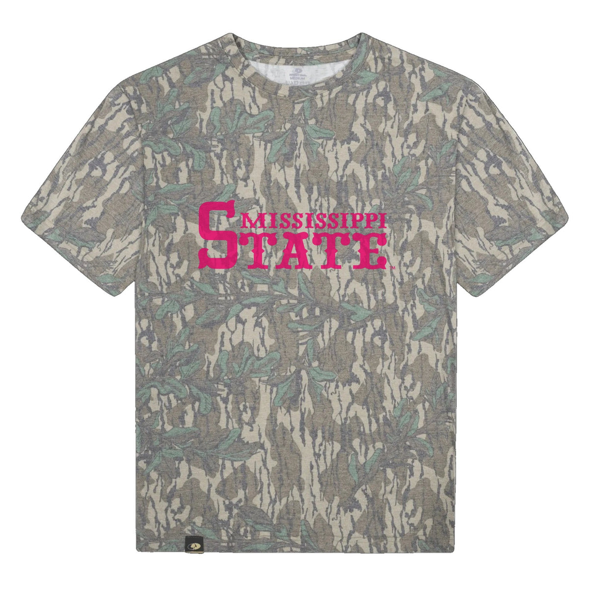 Mississippi State Mossy Oak Tee, pink print on Mossy Oak Greenleaf