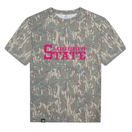 Mississippi State Mossy Oak Tee, pink print on Mossy Oak Greenleaf