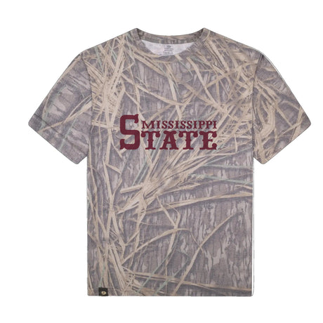 Mississippi State Mossy Oak Tee, maroon print on Mossy Oak Shadow Grass