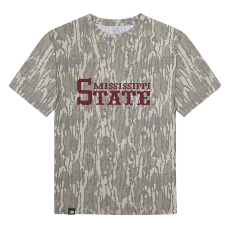 Mississippi State Mossy Oak Youth Tee, maroon print on Mossy Oak Bottomland