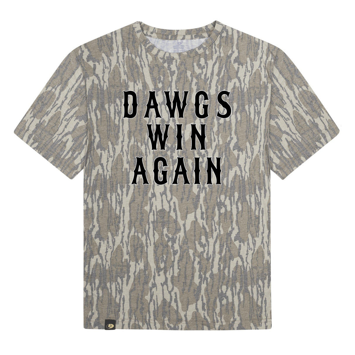 Dawgs Win Again Mossy Oak Tee, black print on Mossy Oak Bottomland