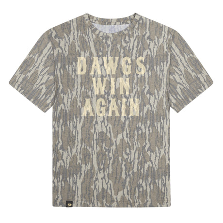 Dawgs Win Again Mossy Oak Tee, cream print on Mossy Oak Bottomland
