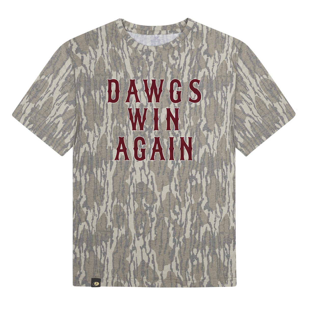 Dawgs Win Again Mossy Oak Tee, maroon print on Mossy Oak Bottomland