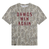 Dawgs Win Again Mossy Oak Tee, maroon print on Mossy Oak Bottomland