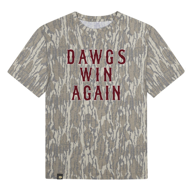 Dawgs Win Again Mossy Oak Tee, maroon print on Mossy Oak Bottomland