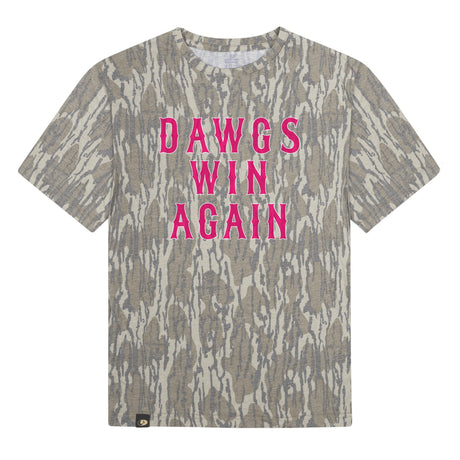 Dawgs Win Again Mossy Oak Tee, pink print on Mossy Oak Bottomland