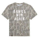 Dawgs Win Again Mossy Oak Tee, white print on Mossy Oak Bottomland