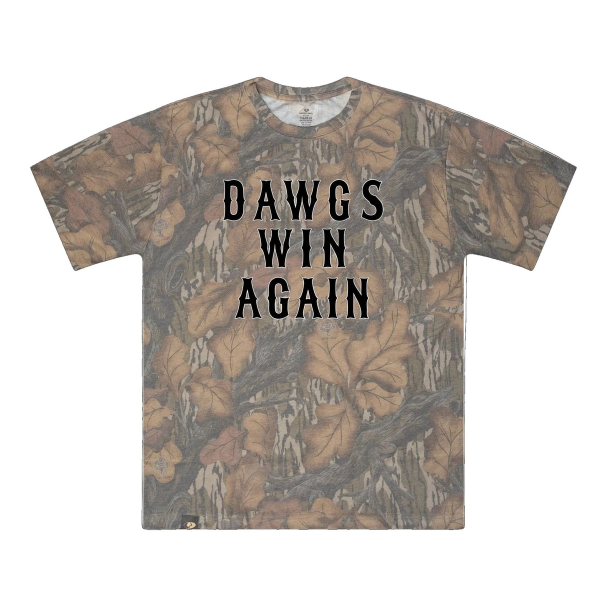 Dawgs Win Again Mossy Oak Tee, black print on Mossy Oak Fall Foliage