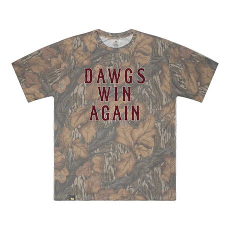 Dawgs Win Again Mossy Oak Tee, maroon print on Mossy Oak Fall Foliage