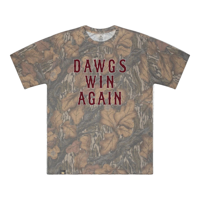Dawgs Win Again Mossy Oak Tee, maroon print on Mossy Oak Fall Foliage
