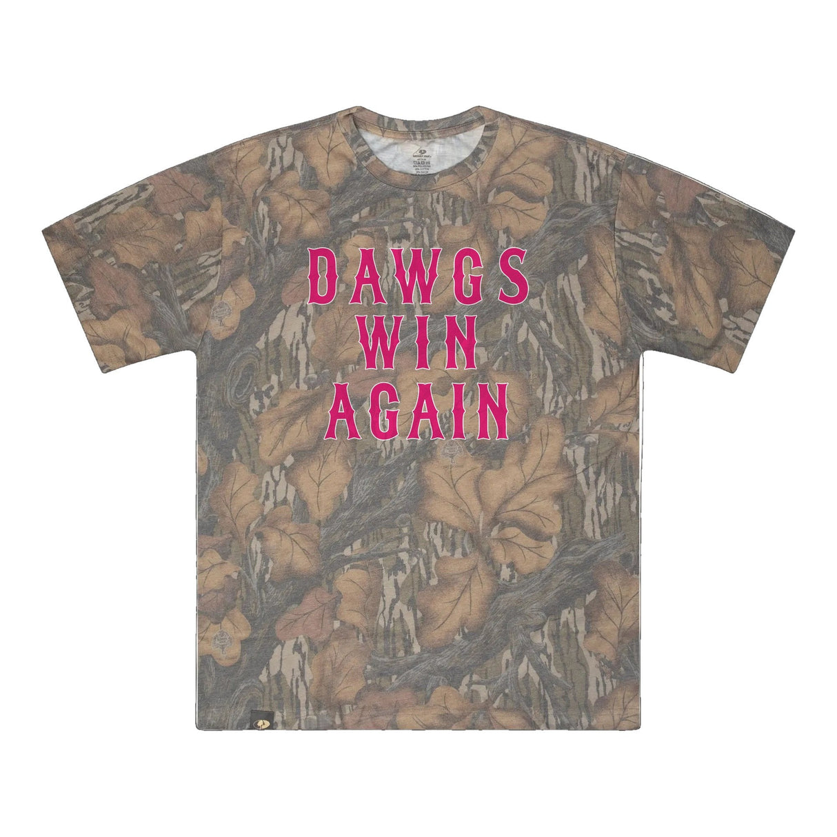 Dawgs Win Again Mossy Oak Tee, pink print on Mossy Oak Fall Foliage