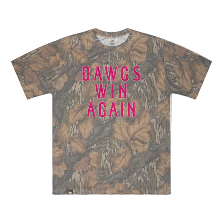 Dawgs Win Again Mossy Oak Tee, pink print on Mossy Oak Fall Foliage