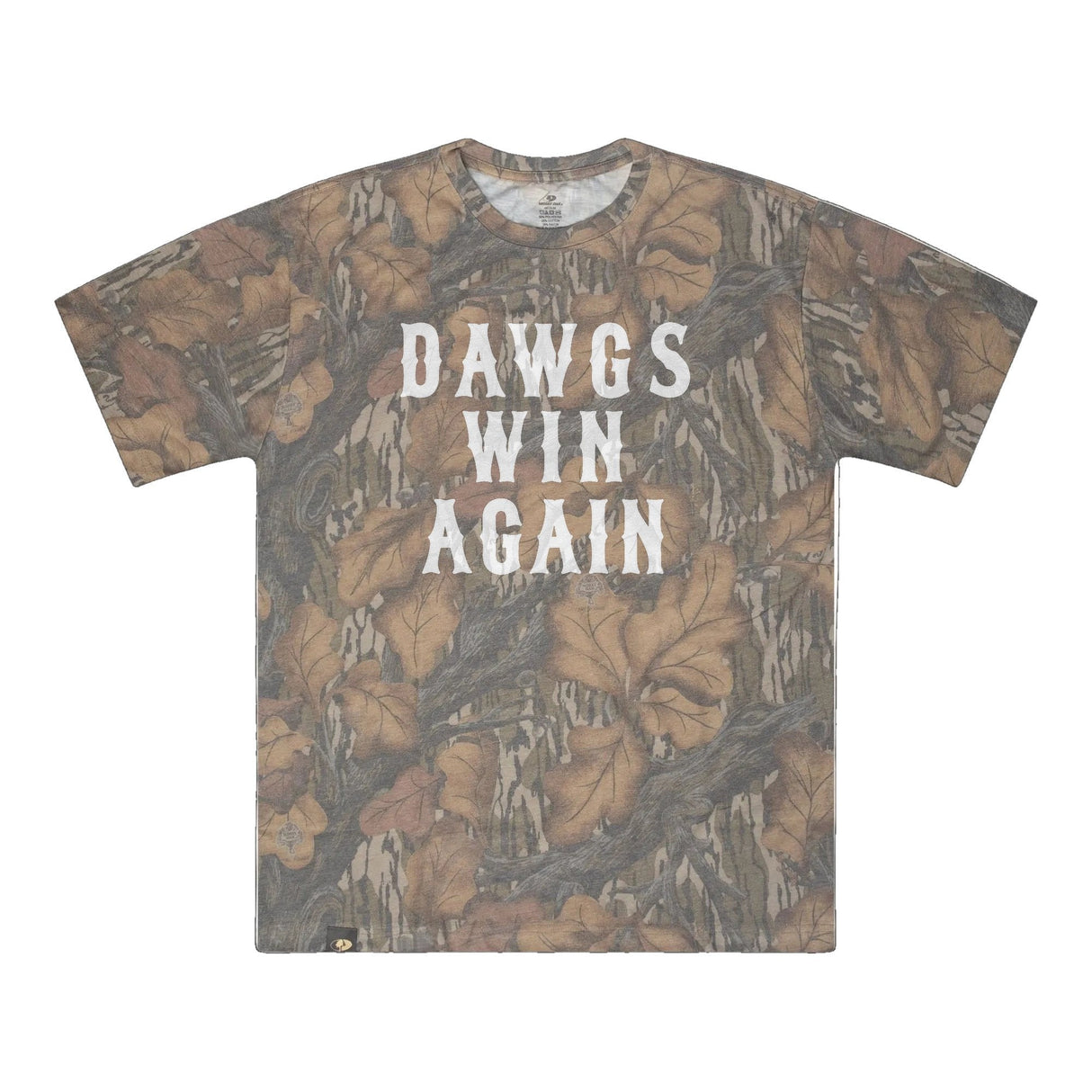 Dawgs Win Again Mossy Oak Tee, white print on Mossy Oak Fall Foliage