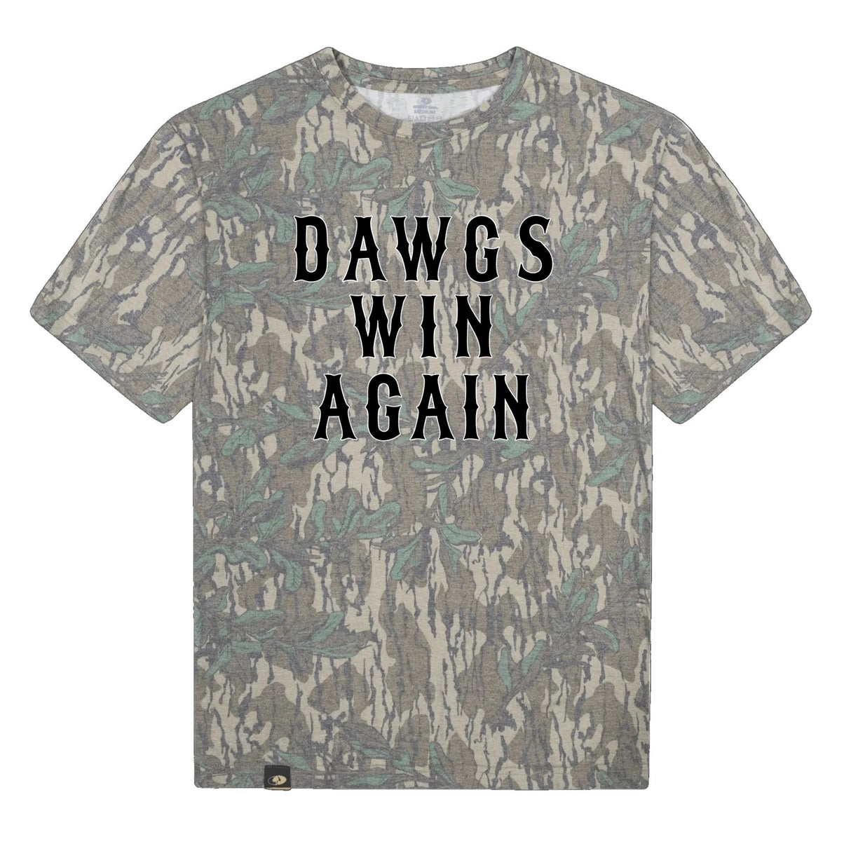 Dawgs Win Again Mossy Oak Tee, black print on Mossy Oak Greenleaf