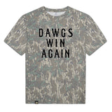 Dawgs Win Again Mossy Oak Tee, black print on Mossy Oak Greenleaf