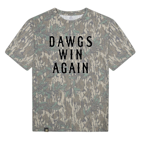 Dawgs Win Again Mossy Oak Tee, black print on Mossy Oak Greenleaf